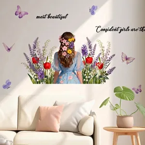 Creative wall sticker featuring a floral girl with tulips and butterflies for home decor