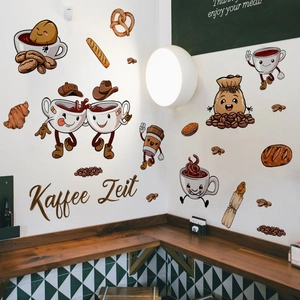 Cartoon coffee and bread wall stickers set for kitchen decoration with Kaffee Zeit text