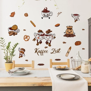 Cartoon Anthropomorphic Coffee Cup Bread Wall Stickers Self Adhesive PVC Decals For Kitchen Cafe Restaurant Home Decor