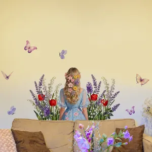 Floral wall stickers detail featuring a girl back view with lavender and butterfly