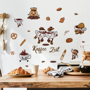 Creative anthropomorphic coffee and bread wall stickers with Kaffee Zeit artistic text