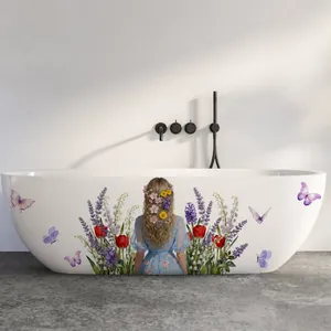 Detail of floral wall sticker featuring lavender and tulip patterns on a white surface
