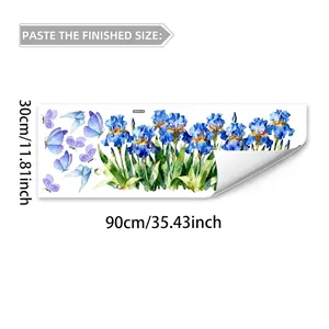 Detail of blue iris flowers and purple butterfly wall stickers with size 30x90cm