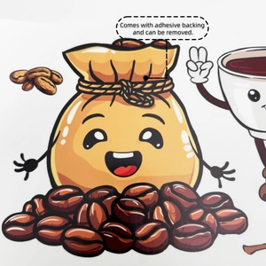 Detail showing self-adhesive coffee bean cartoon wall sticker with removable backing feature