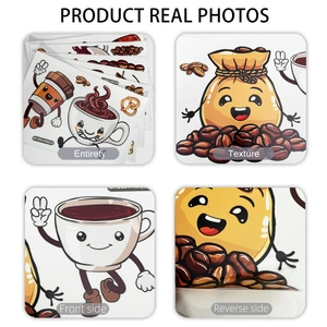 Detail view of cartoon coffee cup wall stickers showing waterproof PVC texture and adhesive back