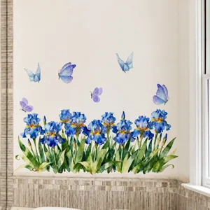 Detail of watercolor blue iris flowers and butterflies self-adhesive wall stickers