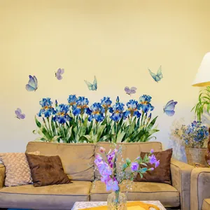 Detailed view of watercolor iris flower wall stickers with butterflies in a living room
