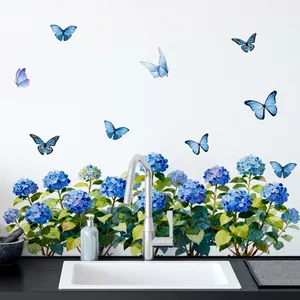 Blue hydrangea flower and butterfly wall stickers for living room and bathroom wall decor