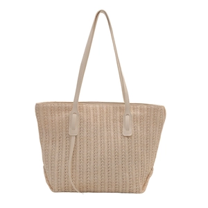 Minimalist beige woven straw tote bag with vertical stripes and long shoulder straps