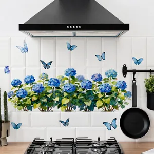 Detailed blue hydrangea flower and butterfly wall sticker applied on kitchen tile wall