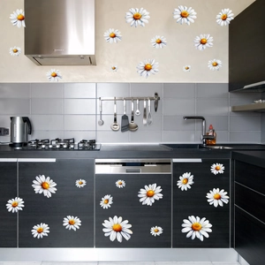 Minimalist white daisy wall stickers for home decor in various sizes and modern kitchen setting