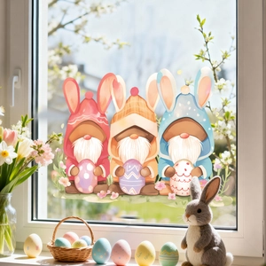 Detail of Easter window gnomes stickers with colorful eggs on bright glass surface
