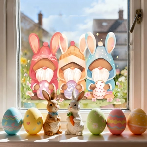 Detailed view of three cute Easter gnomes window clings on a bright glass pane