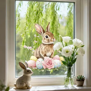 Realistic Easter bunny window sticker with colorful eggs and pink roses on glass