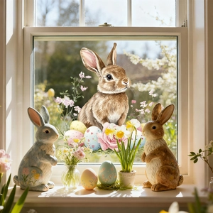 Easter bunny window cling set with matching rabbit statues and colorful egg decor