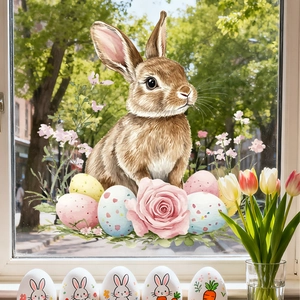 Close-up of Easter window cling featuring a watercolor bunny with eggs and roses