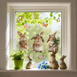 Easter bunny and egg static window clings set for festive double-sided glass decoration