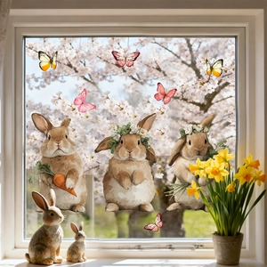 Easter bunny and egg window stickers displayed on a glass pane with a spring floral background