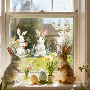 Easter bunny static window clings with rabbits, carrots and eggs for home glass decoration