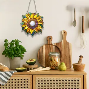Décoration murale ronde en acrylique tournesol avec texture vitrail pour cuisine