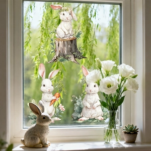 Detail of Easter bunny static window stickers with hand-painted watercolor rabbit designs