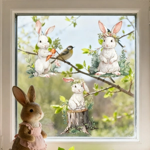 Hand-painted watercolor Easter bunnies and egg wreath static window clings on glass