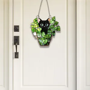 Décoration murale plate 2D en acrylique avec chat noir et plantes sur porte