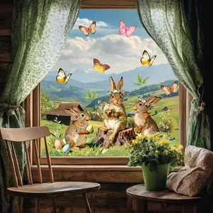 Detailed view of Easter rabbit and egg window stickers on a rustic wooden window frame