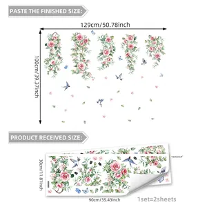 Pink floral vines and birds wall stickers, watercolor style PVC decal set for home decor