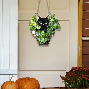 Décoration chat 2D en acrylique suspendue à une porte avec plantes d'automne et chaîne