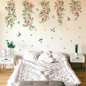 Pink Rose Flower Vine Wall Stickers Removable PVC Self Adhesive Blue Bird Decal For Bedroom Living Room Nursery Watercolor Floral