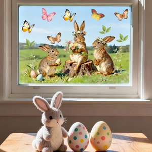 Easter window clings showing watercolor bunnies and colorful eggs on glass with outdoor view