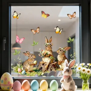 Easter static window clings featuring watercolor rabbits, eggs and butterflies on glass