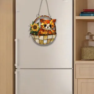 Accroche-porte plat en acrylique chat et tournesol sur une porte de réfrigérateur