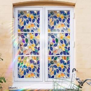 Rainbow rainbow leaf pattern window film on classic white wooden frame windows