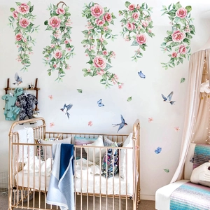 Self-adhesive watercolor pink floral wall stickers with birds and butterflies for nursery decor