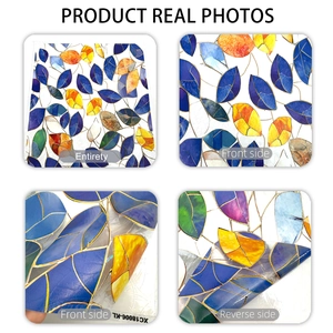 Detail of colorful mosaic leaf window film showing thickness and matte textured glass finish