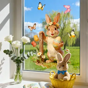 Detailed view of Easter bunny and egg static window clings in a bright home setting