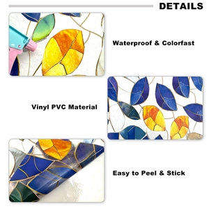 Waterproof vinyl PVC window film with colorful frosted leaf patterns and easy peel backing