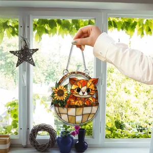 Panneau de porte plat en acrylique avec chat et tournesol, effet vitrail et chaîne