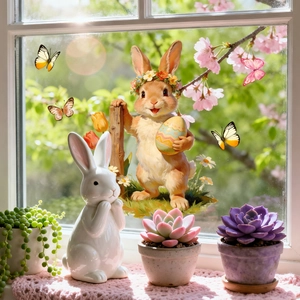 Detail of Easter bunny static cling decals with colorful eggs and flowers on glass windows