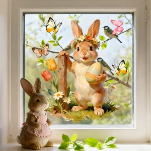 Cute Easter window sticker showing a cartoon bunny with floral wreath and colorful eggs