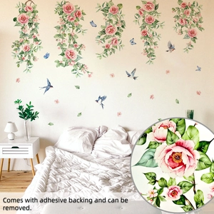 Pink floral vine wall stickers with blue birds and butterflies for bedroom wall decor