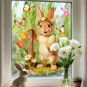 Detail of Easter window sticker with a cute bunny, floral wreath and colorful eggs