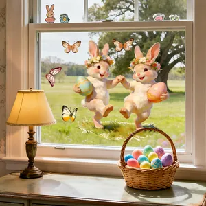 Close-up of Easter bunnies window clings with colorful eggs and floral wreath decor