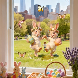 Easter bunny and egg static window clings displayed on glass with outdoor park background
