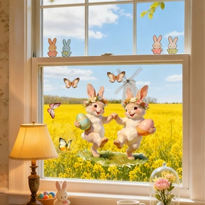 Detailed Easter window stickers featuring bunny with flower wreath and colorful butterflies
