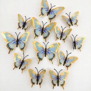 3D gold-edged blue butterfly wall stickers with metallic hollow-out design for home decor