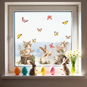 Detail of Easter static window clings featuring watercolor bunnies and colorful eggs
