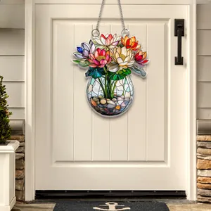 Pendentif plat 2D en acrylique montrant un vase fleuri coloré avec une chaîne en métal